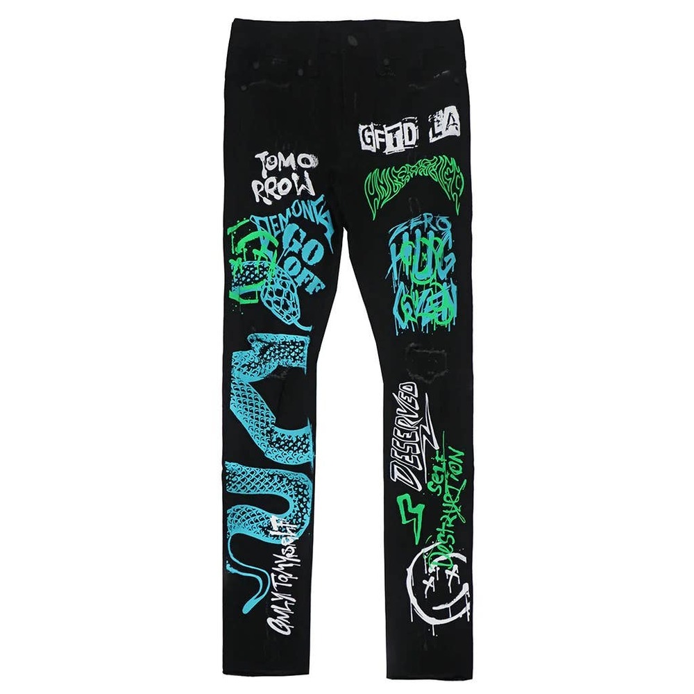 GFTD LA Los Angeles Men's SED Skinny Fit Painted Snake Distressed Rip Jeans